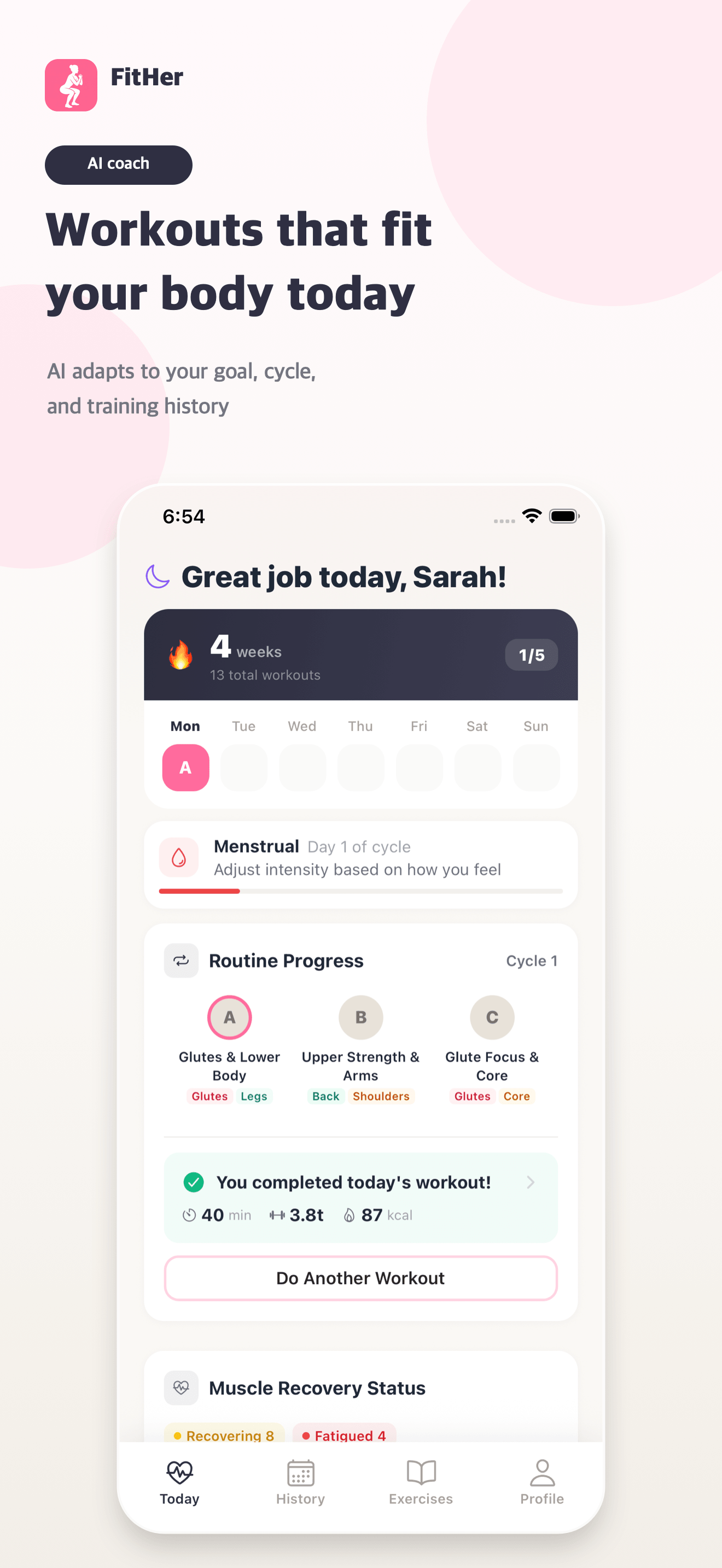 FitHer app showing today's AI-generated workout, cycle phase, and routine progress